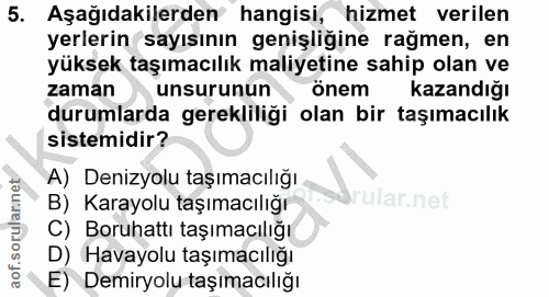 5. soru: Aşağıdakilerden hangisi, hizmet verilen yerlerin sayısının genişliğine rağmen, en yüksek taşımacılık maliyetine sahip…