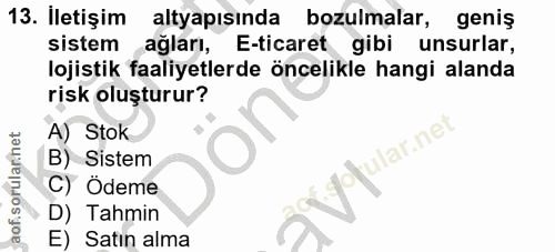 13. soru: İletişim altyapısında bozulmalar geniş sistem agları, E-ticaret gibi unsurlar, lojistik faaliyetlerde öncelikle hangi…