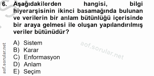 6. soru: Aşağıdakilerden hangisi, bilgi hiyerarşisinin ikinci basamağında bulunan ve verilerin bir anlam bütünlüğü içerisinde…