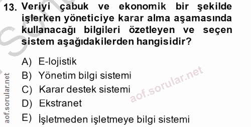 13. soru: Veriyi çabuk ve ekonomik bir şekilde işlerken yöneticiye karar alma aşamasında kullanacağı bilgileri özetleyen ve seç…