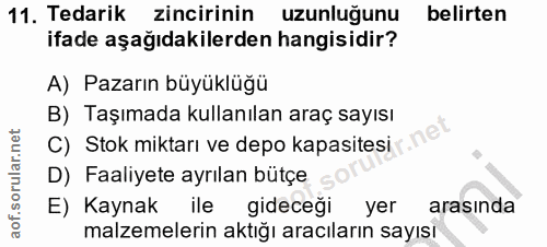 11. soru: Tedarik zincirinin uzunluğunu belirten ifade aşağıdakilerden hangisidir? A) Pazarın büyüklüğü B) Taşımada kullanılan…