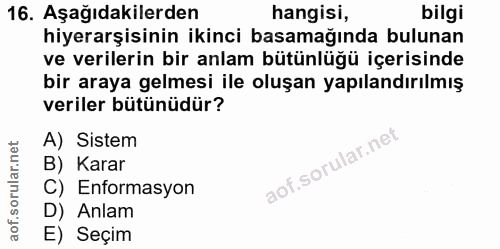 16. soru: Aşağıdakilerden hangisi, bilgi hiyerarşisinin ikinci basamağında bulunan ve verilerin bir anlam bütünlüğü içerisinde…