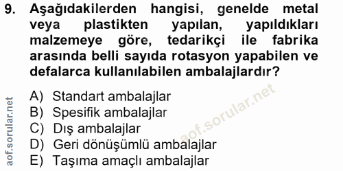 9. soru: Aşağıdakilerden hangisi, genelde metal veya plastikten yapılan, yapıldıkları malzemeye göre, tedarikçi ile fabrika ar…