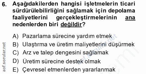 6. soru: Aşağıdakilerden hangisi işletmelerin ticari sürdürülebilirliğini sağlamak için depolama faaliyetlerini gerçekleştirme…
