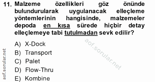 11. soru: Malzeme özellikleri göz önünde bulundurularak uygulanacak elleçleme yöntemlerinin hangisinde, malzemeler depoda en kı…