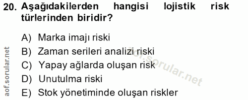 20. soru: Aşağıdakilerden hangisi lojistik risk türlerinden biridir? A) Marka imajı riski B) Zaman serileri analizi riski D) Un…