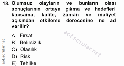18. soru: Olumsuz olayların ve bunların olası sonuçlarının ortaya çıkma ve hedefleri kapsama, kalite, zaman ve maliyet açısında…