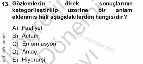 13. soru: Gözlemlerin direk sonuçlarının kategorileştirilip üzerine bir anlam eklenmiş hali aşağıdakilerden hangisidir? A) Faal…