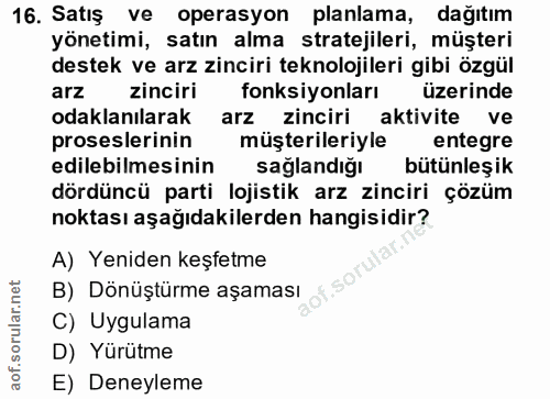 16. soru: Satış ve operasyon planlama, dağıtım yönetimi, satın alma stratejileri, müşteri destek ve arz zinciri teknolojileri g…