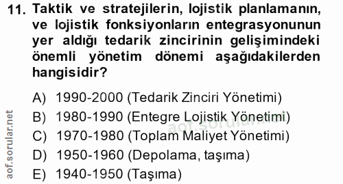 11. soru: Taktik ve stratejilerin, lojistik planlamanın, ve lojistik fonksiyonların entegrasyonunun yer aldığı tedarik zincirin…