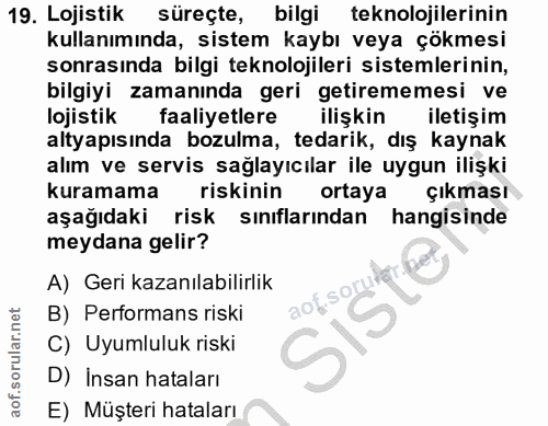 19. soru: Lojistik süreçte, bilgi teknolojilerinin kullanımında, sistem kaybı veya çökmesi sonrasında bilgi teknolojileri siste…