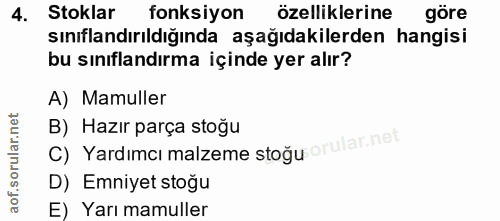 4. soru: Stoklar fonksiyon özelliklerine göre sınıflandırıldığında aşağıdakilerden hangisi bu sınıflandırma içinde yer alır? A…
