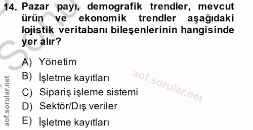 14. soru: Pazar payl, demografik trendler, mevcut ürün ve ekonomik trendler aşağıdaki lojistik veritabanı bileşenlerinin hangis…