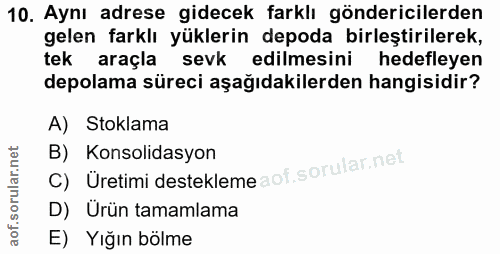 10. soru: Aynı adrese gidecek farklı göndericilerden gelen farklı yüklerin depoda birleştirilerek, tek araçla sevk edilmesini h…
