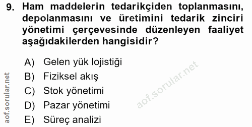 9. soru: Ham maddelerin tedarikçiden toplanmasını, depolanmasını ve üretimini tedarik zinciri yönetimi çerçevesinde düzenleyen…