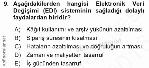 9. soru: Aşağıdakilerden hangisi Elektronik Veri Değişimi (EDI) sisteminin sağladığı dolaylı faydalardan biridir? A) Kâğıt kul…