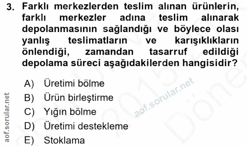3. soru: Farklı merkezlerden teslim alınan ürünlerin, farklı merkezler adina teslim alınarak depolanmasının sağlandığı ve böyl…