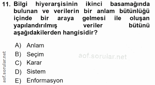11. soru: Bilgi hiyerarşisinin ikinci basamağında bulunan ve verilerin bir anlam bütünlüğü içinde bir araya gelmesi ile oluşan…