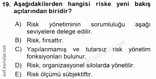19. soru: Aşağıdakilerden hangisi riske yeni bakış açılarından biridir? A) Risk yönetiminin sorumlulugu aşağı seviyelere delege…