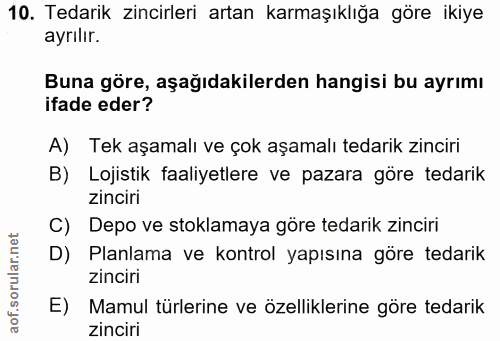 10. soru: Tedarik zincirleri artan karmaşıklığa göre ikiye ayrılır. Buna göre, aşağıdakilerden hangisi bu ayrımı ifade eder? A)…