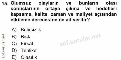 15. soru: Olumsuz olayların ve bunların olası sonuçlarının ortaya çıkma ve hedefleri kapsama, kalite, zaman ve maliyet açısında…