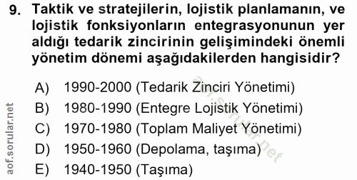 9. soru: Taktik ve stratejilerin, lojistik planlamanın, ve lojistik fonksiyonların entegrasyonunun yer aldığı tedarik zincirin…