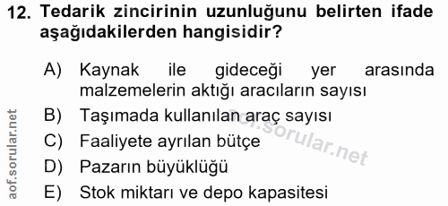 12. soru: Tedarik zincirinin uzunluğunu belirten ifade aşağıdakilerden hangisidir? A) Kaynak ile gideceği yer arasında malzemel…