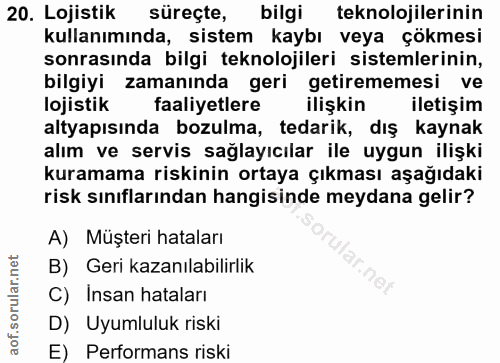 20. soru: Lojistik süreçte, bilgi teknolojilerinin kullanımında, sistem kaybı veya çökmesi sonrasında bilgi teknolojileri siste…