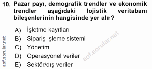 10. soru: Pazar payı, demografik trendler ve ekonomik trendler aşağıdaki lojistik veritabanı bileşenlerinin hangisinde yer alır…