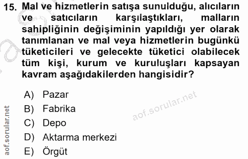 15. soru: Mal ve hizmetlerin satışa sunulduğu, alıcıların ve satıcıların karşılaştıkları, malların sahipliğinin değişiminin yap…
