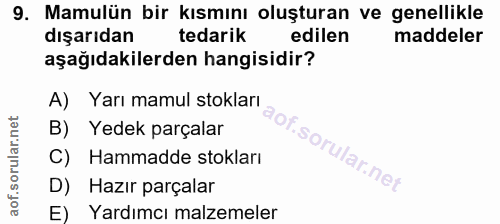 9. soru: Mamulün bir kısmını oluşturan ve genellikle dışarıdan tedarik edilen maddeler aşağıdakilerden hangisidir? A) Yarı mam…