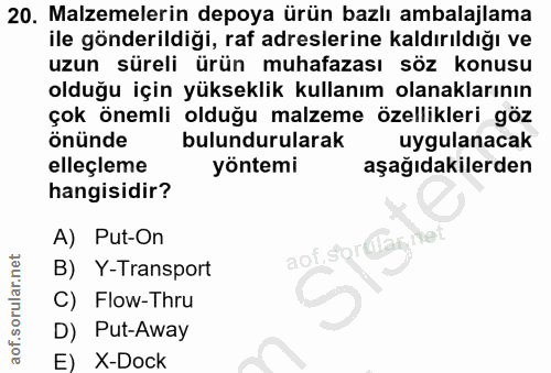 20. soru: Malzemelerin depoya ürün bazlı ambalajlama ile gönderildiği, raf adreslerine kaldırıldığı ve uzun süreli ürün muhafaz…