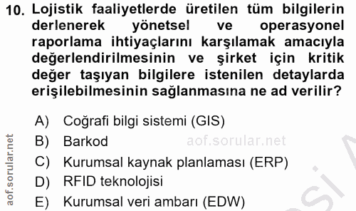 10. soru: Lojistik faaliyetlerde üretilen tüm bilgilerin derlenerek yönetsel ve operasyonel raporlama ihtiyaçlarını karşılamak…