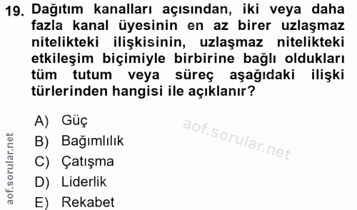19. soru: Dağıtım kanalları açısından, iki veya daha fazla kanal üyesinin en az birer uzlaşmaz nitelikteki ilişkisinin, uzlaşma…