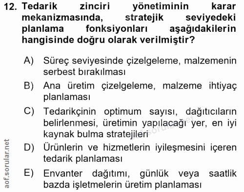 12. soru: Tedarik zinciri yönetiminin karar mekanizmasında, stratejik seviyedeki planlama fonksiyonları aşağıdakilerin hangisin…