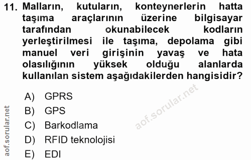 11. soru: Malların, kutuların, konteynerlerin hatta taşıma araçlarının üzerine bilgisayar tarafından okunabilecek kodların yerl…