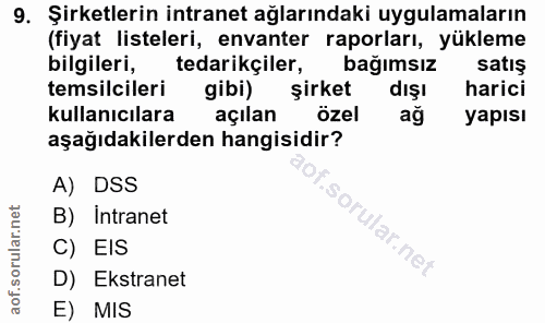 9. soru: Şirketlerin intranet ağlarındaki uygulamaların (fiyat listeleri, envanter raporları, yükleme bilgileri, tedarikçiler,…