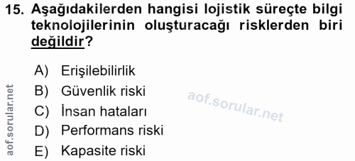 15. soru: Aşağıdakilerden hangisi lojistik süreçte bilgi teknolojilerinin oluşturacağı risklerden biri değildir? A) Erişilebili…