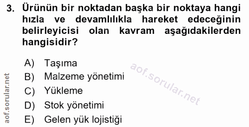 3. soru: Urünün bir noktadan başka bir noktaya hangi hizla ve devamlılıkla hareket edeceğinin belirleyicisi olan kavram aşağıd…