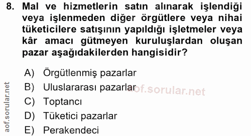 8. soru: Mal ve hizmetlerin satın alınarak işlendiği veya işlenmeden diğer örgütlere veya nihai tüketicilere satışının yapıldı…