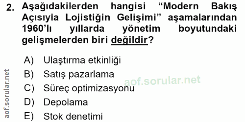 2. soru: Aşağıdakilerden hangisi "Modern Bakış Açısıyla Lojistiğin Gelişimi" aşamalarından 1960'l yıllarda yönetim boyutundaki…