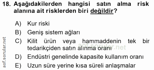 18. soru: Aşağıdakilerden hangisi satın alma risk alanına ait risklerden biri değildir? A) Kur riski B) Geniş sistem ağları C)…