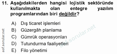 11. soru: Aşağıdakilerden hangisi lojistik sektöründe kullanılmakta olan entegre yazılım programlarından biri değildir? A) Dış…