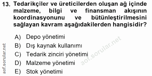 13. soru: Tedarikçiler ve üreticilerden oluşan ağ içinde malzeme, bilgi finansman akışının koordinasyonunu ve bütünleştirilmesi…