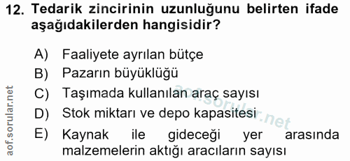 12. soru: Tedarik zincirinin uzunluğunu belirten ifade aşağıdakilerden hangisidir? A) Faaliyete ayrılan bütçe B) Pazarın büyükl…