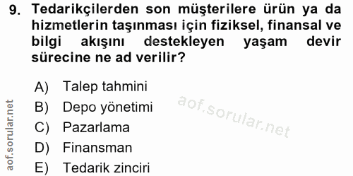 9. soru: Tedarikçilerden son müşterilere ürün ya da hizmetlerin taşınması için fiziksel, finansal ve bilgi akışını destekleyen…