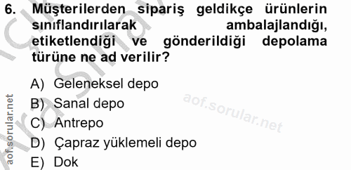 6. soru: Müşterilerden sipariş geldikçe ürünlerin sınıflandırılarak ambalajlandığı, etiketlendiği ve gönderildiği depolama tür…