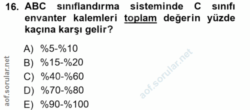 16. soru: ABC sinıflandırma sisteminde C sinifi envanter kalemleri toplam degerin yüzde kaçına karşı gelir? A) %5-%10 B) %15-%2…