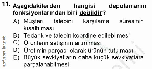 11. soru: Aşağıdakilerden hangisi depolamanın fonksiyonlarından biri değildir? A) Müşteri talebini karşılama süresinin kısaltıl…