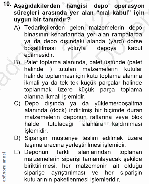 10. soru: Aşağıdakilerden hangisi depo operasyon süreçleri arasında yer alan "mal kabul" için uygun bir tanımdır? A) Tedarikçil…